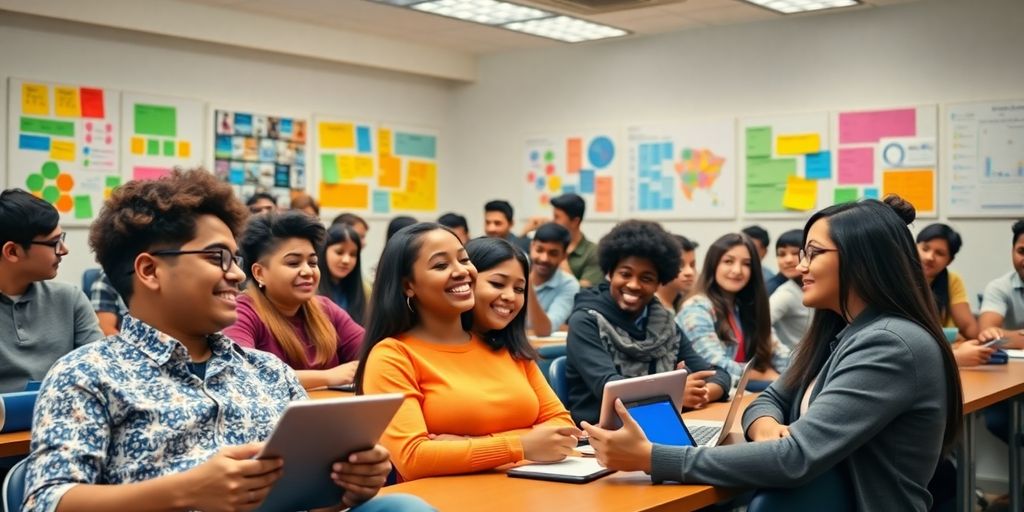 Diverse students learning marketing in a bright classroom.